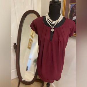 Burgundy Gathered Neck Curved Hem Blouse